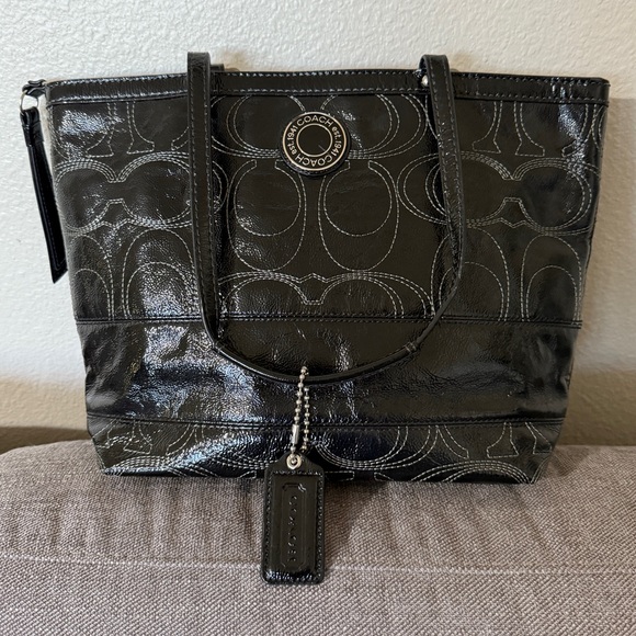 Coach Black Stitched Patent Leather Purse, Double Strap - Picture 3 of 14